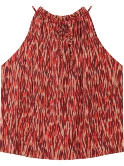 Top rouge à motifs pourvu d'une coupe fluide et d'un col rond