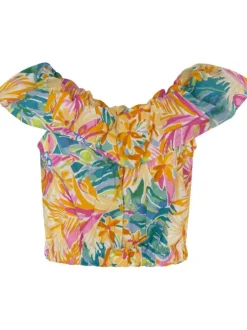 Top sans manches en coton à motif fleuri coupe cropped à col v