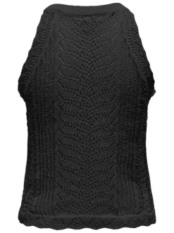Top sans manches noir uni en crochet ajouré avec une coupe ajustée