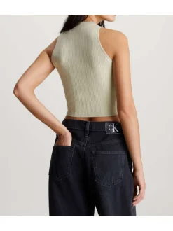 Top tilleul côtelé sans manches avec une coupe cropped et un col montant