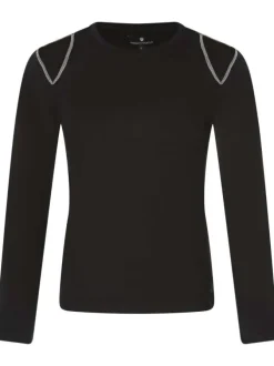 Top Tiphania en coton mélangé noir uni avec coupe ajustée et épaules ajourées