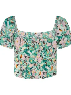 Top vert avec imprimé floral all-over coupe cropped col carré à manches courtes
