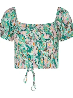 Top vert avec imprimé floral all-over coupe cropped col carré à manches courtes