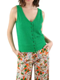 Top vert uni en maille texturée sans manches coupe droite et col v