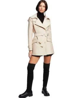 Trench coat beige uni avec une coupe droite et un col à capuche