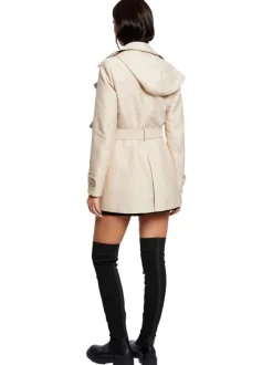 Trench coat beige uni avec une coupe droite et un col à capuche