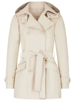 Trench coat beige uni avec une coupe droite et un col à capuche