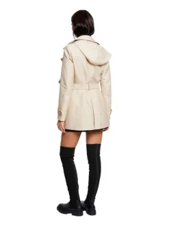 Trench coat beige uni avec une coupe droite et un col à capuche