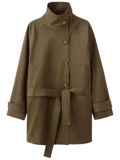 Trench coat long en coton chocolat uni avec une coupe ample et un col montant