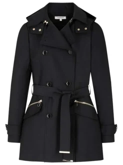 Trench coat noir uni avec une coupe droite et un col à capuche