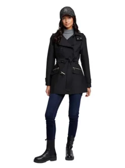 Trench coat noir uni avec une coupe droite et un col à capuche