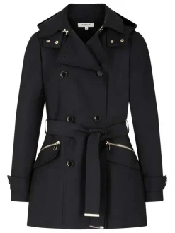 Trench coat noir uni avec une coupe droite et un col à capuche
