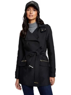 Trench coat noir uni avec une coupe droite et un col à capuche