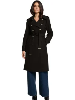 Trench coat noir uni mi-long à coupe droite avec une ceinture à la taille