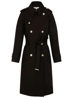 Trench coat noir uni mi-long à coupe droite avec une ceinture à la taille