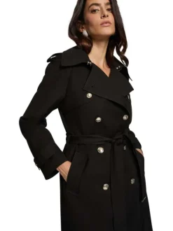 Trench coat noir uni mi-long à coupe droite avec une ceinture à la taille
