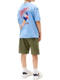T-shirt à coupe droite en coton bleu uni pourvu d'un col rond
