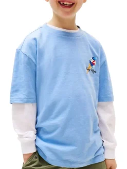 T-shirt à coupe droite en coton bleu uni pourvu d'un col rond