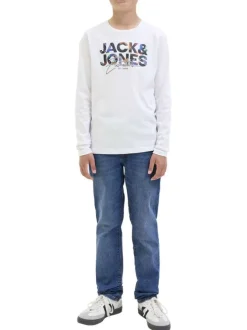 T-shirt à manches longues en coton blanc imprimé à coupe droite avec un col rond