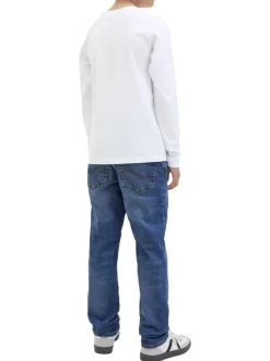 T-shirt à manches longues en coton blanc imprimé à coupe droite avec un col rond