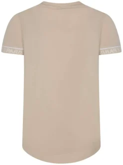 T-shirt beige uni avec une coupe droite à col rond et liseré