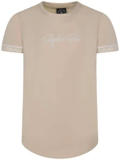 T-shirt beige uni avec une coupe droite à col rond et liseré