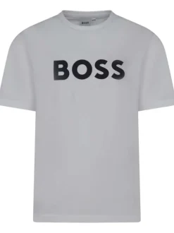 T-shirt blanc uni avec une coupe droite à col rond et nom de la marque