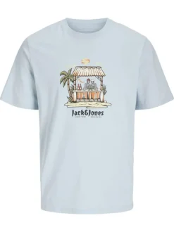 T-shirt bleu ciel imprimé plage en coton avec coupe regular et un col rond