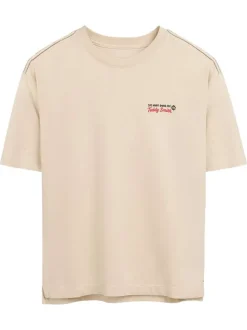 T-shirt en coton beige à col rond imprimé hot dog à la poitrine et au dos