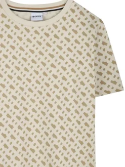 T-shirt en coton beige avec motif imprimé all-over à coupe droite et col rond