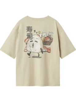 T-shirt en coton beige imprimé avec un col rond et une coupe droite