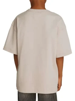 T-shirt en coton beige uni avec un col rond et le nom de la marque brodé en gros