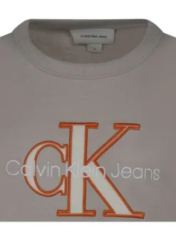 T-shirt en coton beige uni avec un col rond et le nom de la marque brodé en gros
