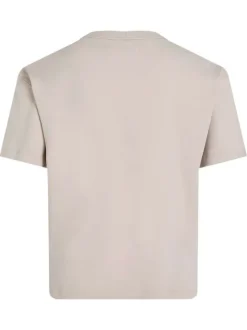 T-shirt en coton beige uni avec un col rond et le nom de la marque brodé en gros