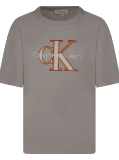T-shirt en coton beige uni avec un col rond et le nom de la marque brodé en gros