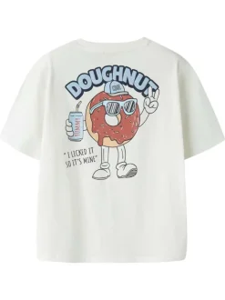 T-shirt en coton biologique blanc uni pourvu d'un imprimé donut