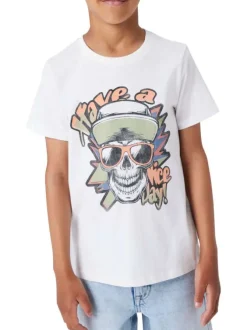 T-shirt en coton biologique blanc uni pourvu d'un imprimé tête de mort
