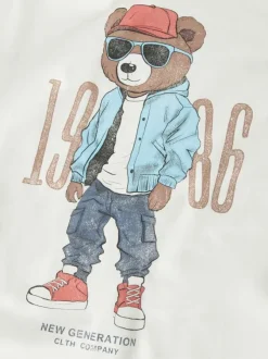 T-shirt en coton biologique blanc uni avec un imprimé ours et un col rond