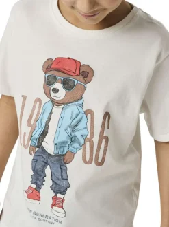 T-shirt en coton biologique blanc uni avec un imprimé ours et un col rond
