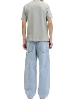 T-shirt en coton biologique kaki imprimé avec une coupe droite et un col rond