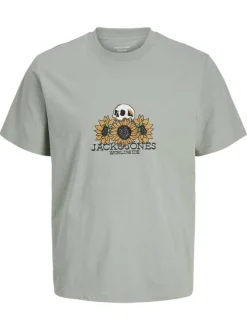 T-shirt en coton biologique kaki imprimé avec une coupe droite et un col rond