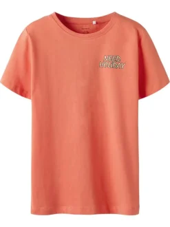 T-shirt en coton biologique corail uni pourvu d'un imprimé squelette