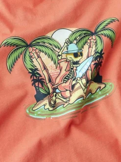 T-shirt en coton biologique corail uni pourvu d'un imprimé squelette
