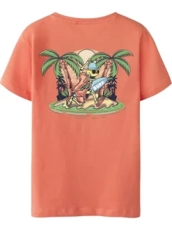T-shirt en coton biologique corail uni pourvu d'un imprimé squelette