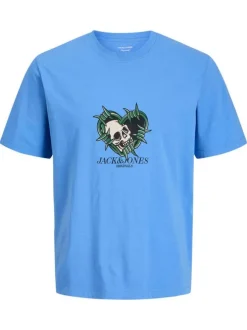 T-shirt en coton biologique bleu à coupe droite orné d'une illustration