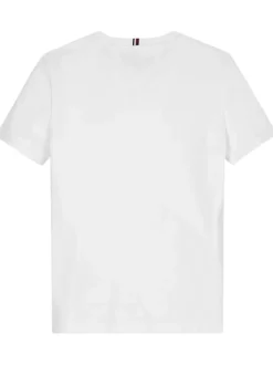 T-shirt en coton biologique blanc uni coupe droite avec un col rond et nom et logo de la marque floqué