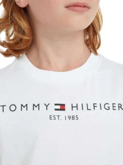 T-shirt en coton biologique blanc uni coupe droite avec un col rond et nom et logo de la marque floqué