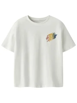 T-shirt en coton biologique blanc uni pourvu d'un imprimé ours