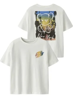 T-shirt en coton biologique blanc uni pourvu d'un imprimé ours