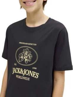 T-shirt en coton biologique noir imprimé avec une coupe droite et un col rond